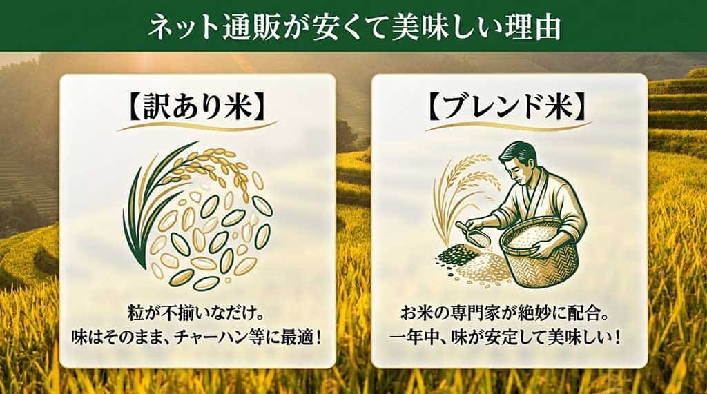 粒が不揃いなだけの訳あり米と、専門家が配合したブレンド米の安さの秘密解説