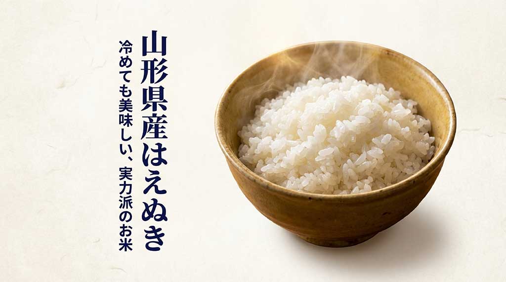 山形県産はえぬき。冷めても美味しい実力派のお米というキャッチコピーのスライド