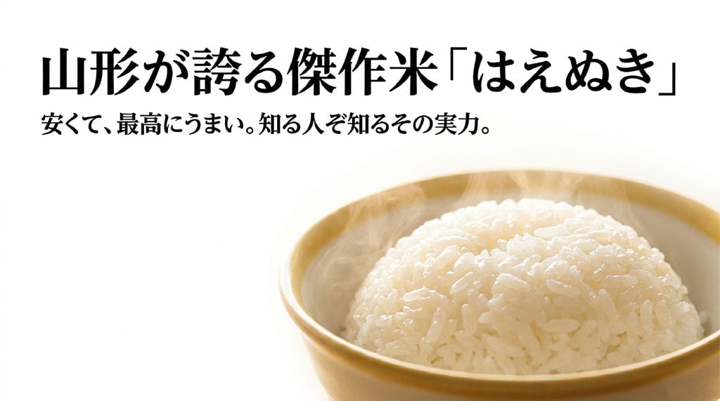 山形米はえぬきのスライド資料の表紙。「安くて、最高にうまい。知る人ぞ知るその実力。」というキャッチコピー。