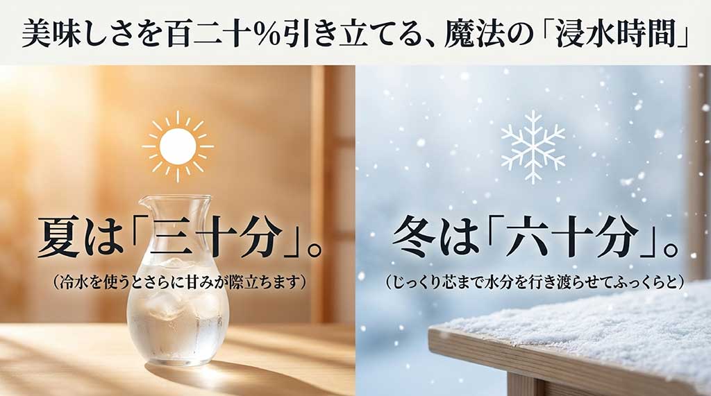 よさ恋美人の美味しさを引き出す浸水時間として、夏30分、冬60分を推奨する解説スライド