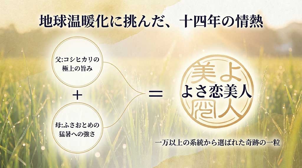 父コシヒカリの旨みと母ふさおとめの猛暑への強さを継承した開発の経緯を示す図解スライド