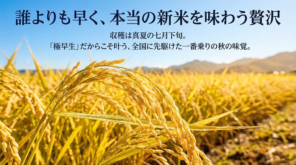 黄金色の稲穂の画像と共に、7月下旬に収穫される極早生品種であることを説明するスライド