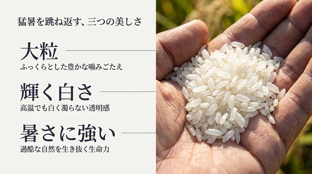 よさ恋美人の三つの特徴（大粒、輝く白さ、暑さに強い生命力）をまとめたスライド