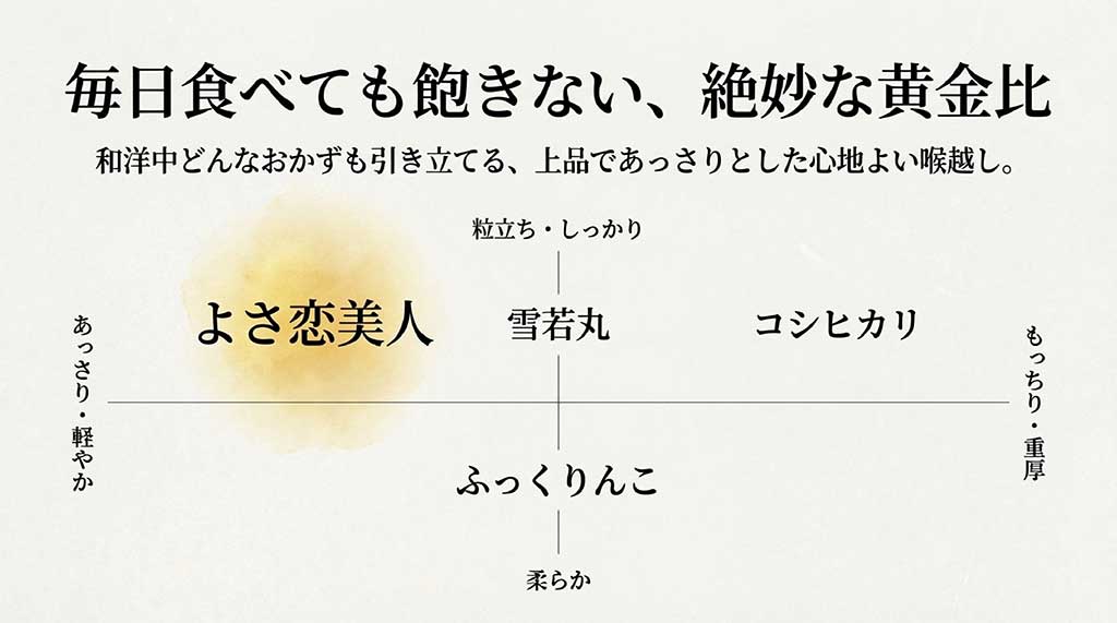 よさ恋美人とコシヒカリ、雪若丸、ふっくりんこの食感（もっちり・あっさり、粒立ち・柔らか）を比較した分布図