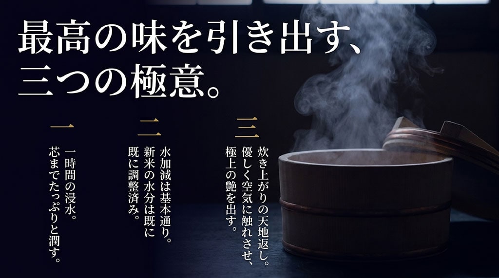 炊き上がりの天地返し、基本通りの水加減、1時間の浸水というよさ恋美人を美味しく炊くための3つの極意