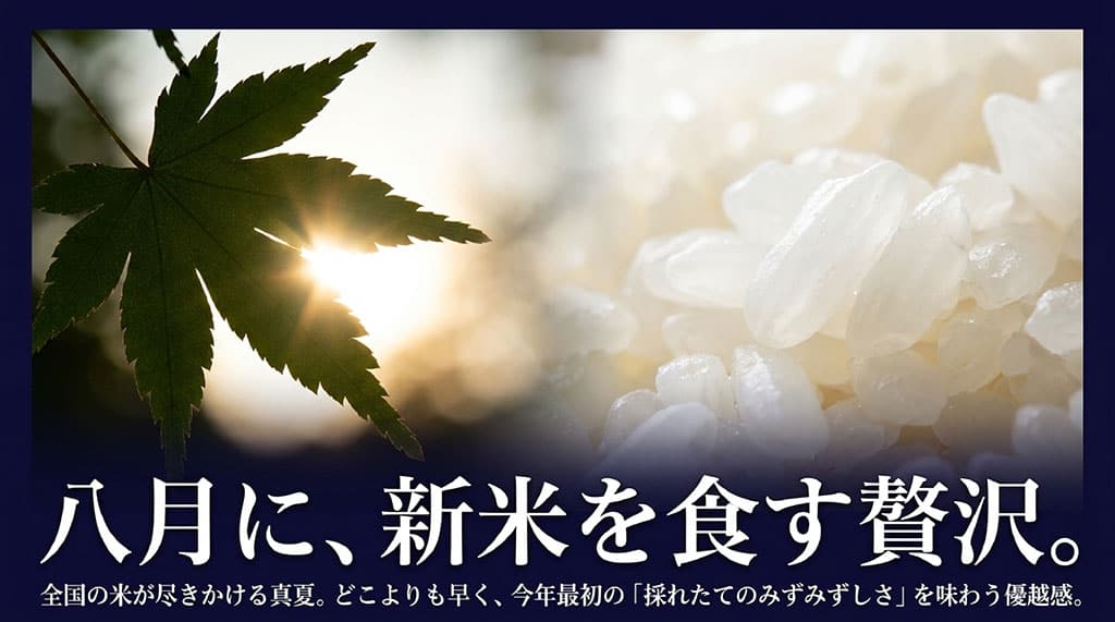 全国の米が尽きかける真夏の8月にどこよりも早く採れたてのみずみずしさを味わえる優越感