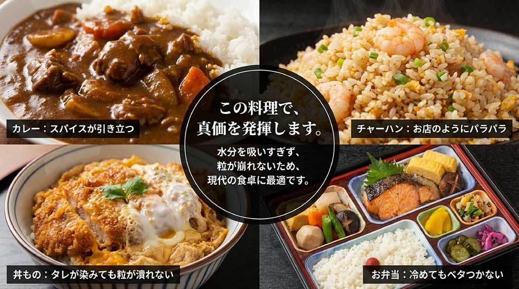カレー、丼もの、チャーハン、お弁当など、ゆきん子舞の真価を発揮する料理のまとめ