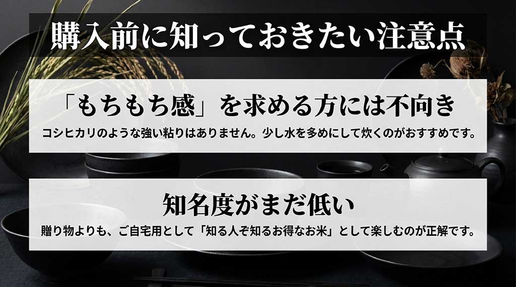 粘りを求める人には不向きである点や、自宅用として楽しむのが正解という注意点の解説