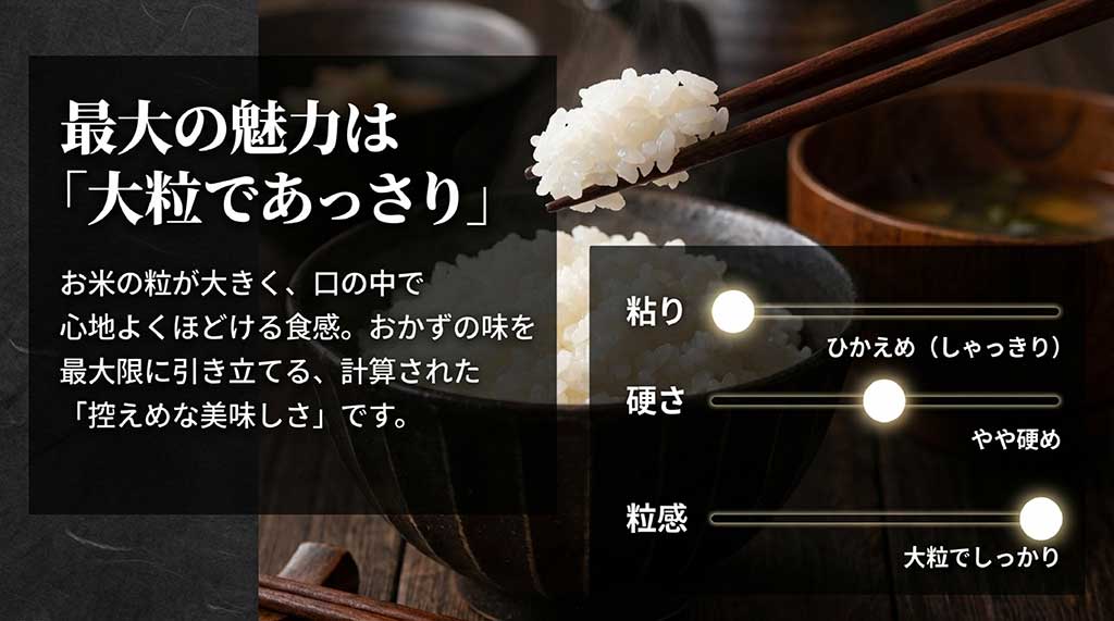 ゆきん子舞の最大の特徴である大粒でしゃっきりした食感と、控えめな粘りについての図解