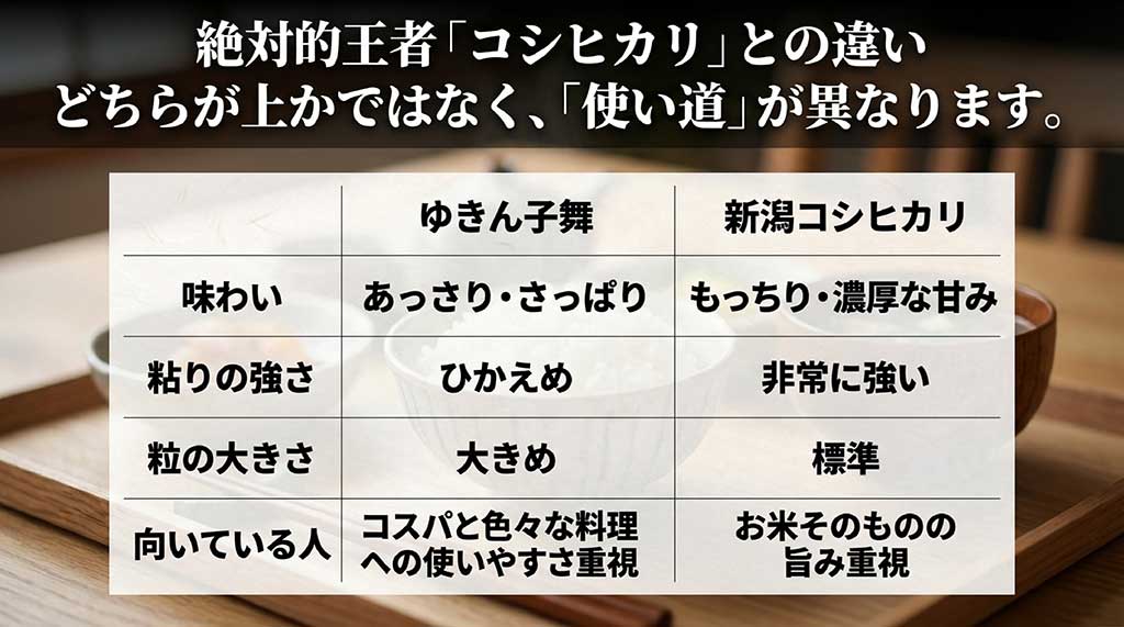 ゆきん子舞と新潟コシヒカリの味わい、粘り、粒の大きさ、向いている人の違いを比較した表