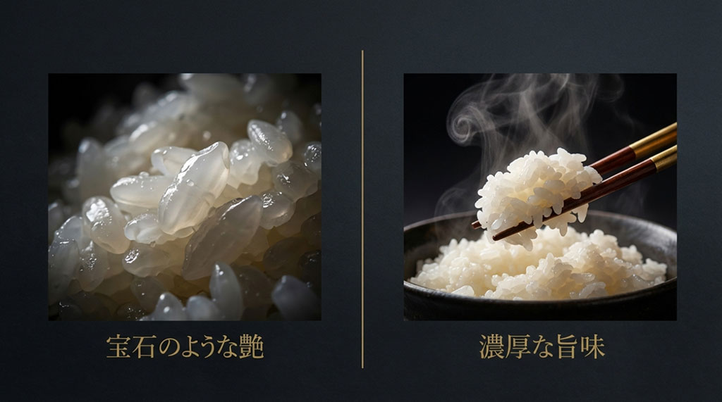 炊きあがった雪椿の艶やかな輝きと濃厚な旨味を伝えるイメージ画像