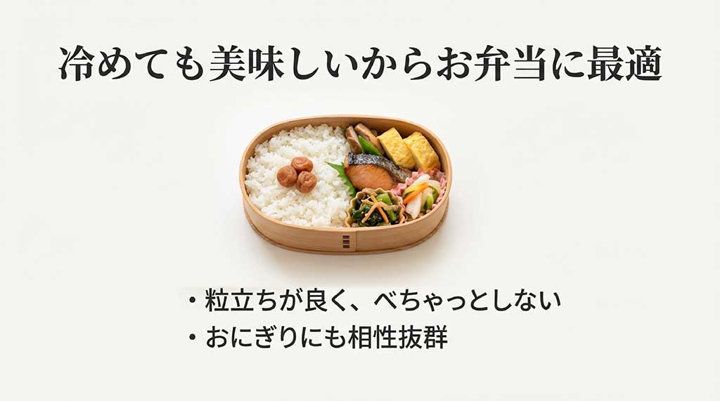 冷めても美味しい雪若丸はお弁当に最適。粒立ちが良くべちゃっとせず、おにぎりとの相性も抜群