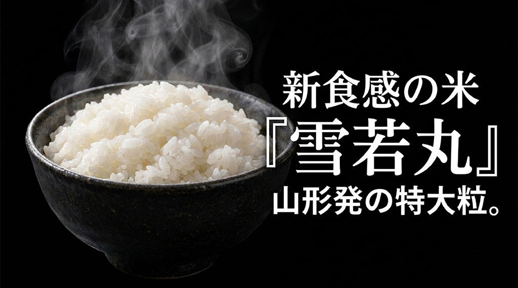 山形発の特大粒ブランド米、雪若丸の新食感をアピールするキャッチコピー付きサムネイル画像。
