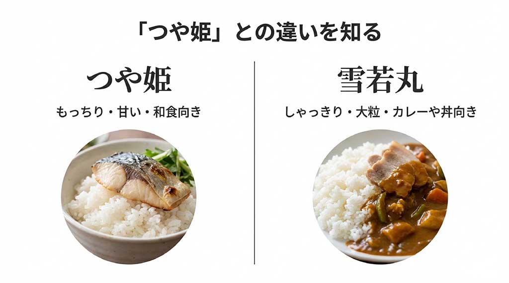 山形米「つや姫(もっちり・甘い・和食向き)」と「雪若丸(しゃっきり・大粒・カレーや丼向き)」の違い比較