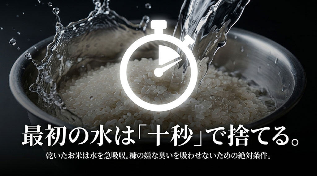 乾いたお米が糠の嫌な臭いを吸収するのを防ぐため、最初の水は10秒で捨てるという絶対条件を解説したスライド。
