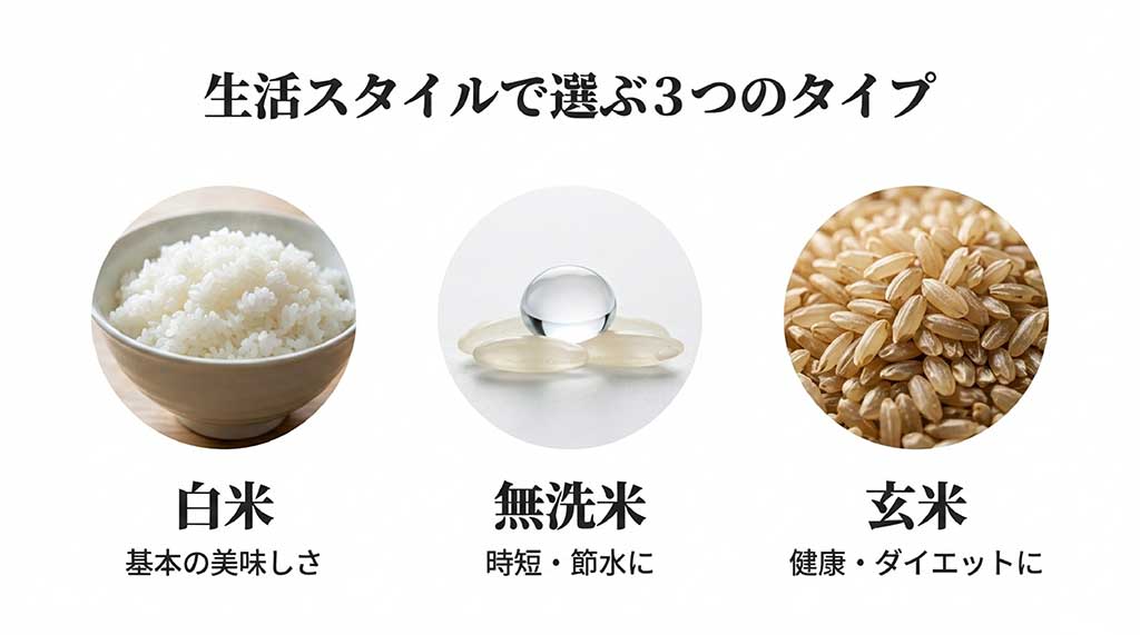 雪若丸の白米(基本の美味しさ)、無洗米(時短・節水)、玄米(健康・ダイエット)の3つの選び方