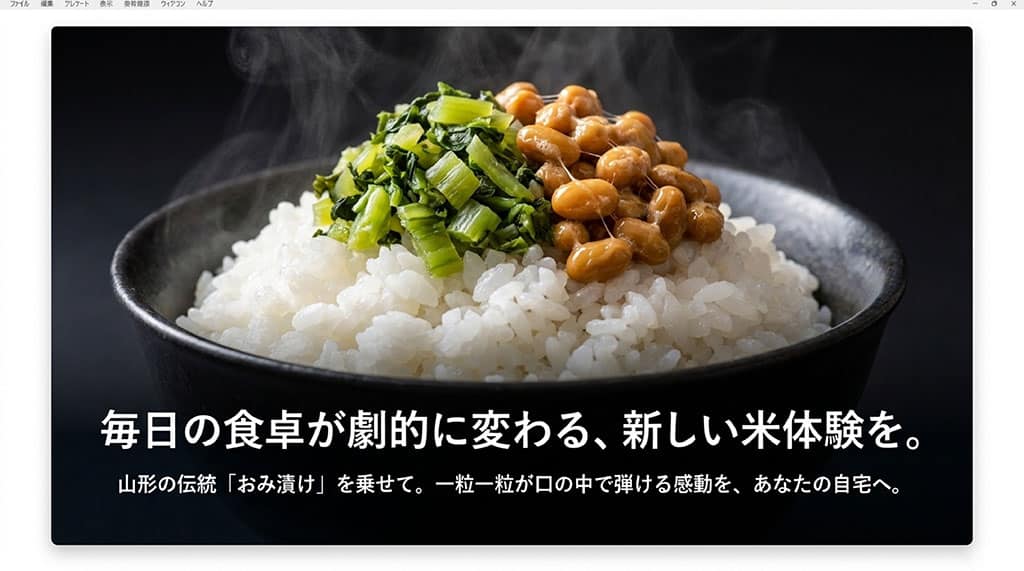 炊き立ての雪若丸の上に、山形伝統の「おみ漬け」と納豆をトッピングした、一粒一粒が口の中で弾ける食感を楽しめるイメージ写真スライド。