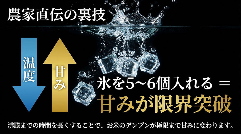氷を5〜6個入れることで沸騰までの時間が長くなり、お米のデンプンが極限まで甘みに変わる仕組みを解説したグラフ付きのスライド。