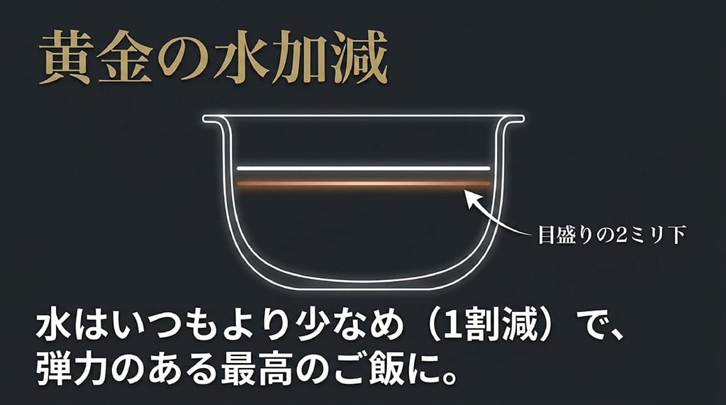 炊飯器の内釜のイラスト。水はいつもより少なめ(1割減)、目盛りの2ミリ下に合わせることで、弾力のある最高のご飯に仕上がることを示す図解スライド。