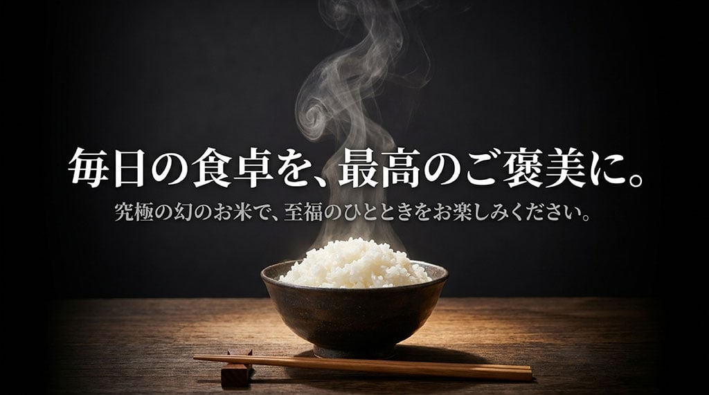 毎日の食卓を最高のご褒美に。究極の幻のお米で、至福のひとときをお楽しみくださいというメッセージが書かれたまとめのスライド。