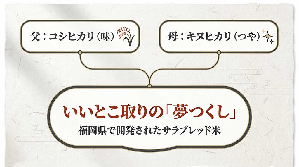 父・コシヒカリの味と母・キヌヒカリのつやを継承した、福岡県開発のサラブレッド米「夢つくし」の家系図スライド