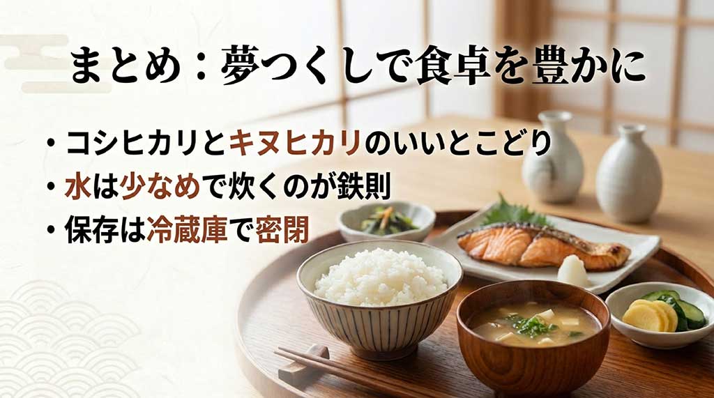 品種の由来、炊き方の鉄則、保存方法など、夢つくしの重要ポイントを凝縮したまとめスライド
