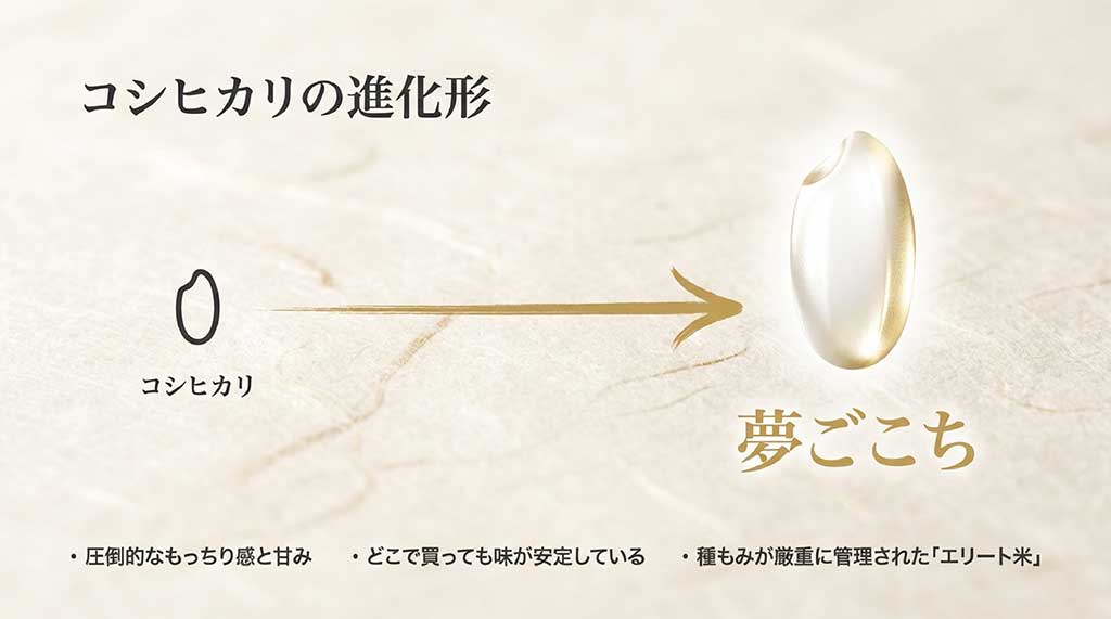 夢ごこちの特徴(もっちり感、甘み、厳重な種もみ管理)を説明するスライド