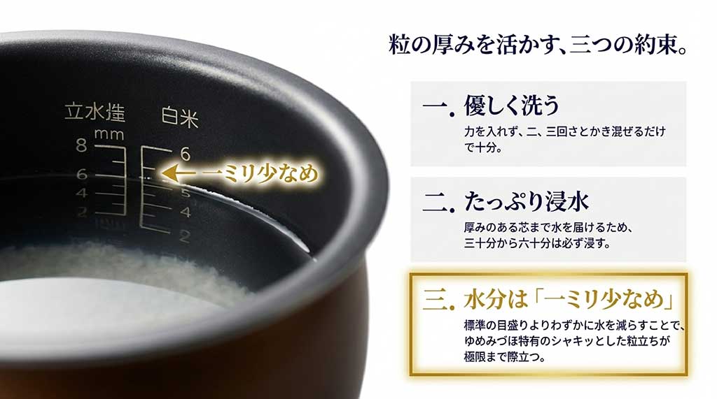 ゆめみづほの炊き方のコツ。優しく洗う、たっぷり浸水（30-60分）、水分は標準より1mm少なめ、という3つの手順を解説