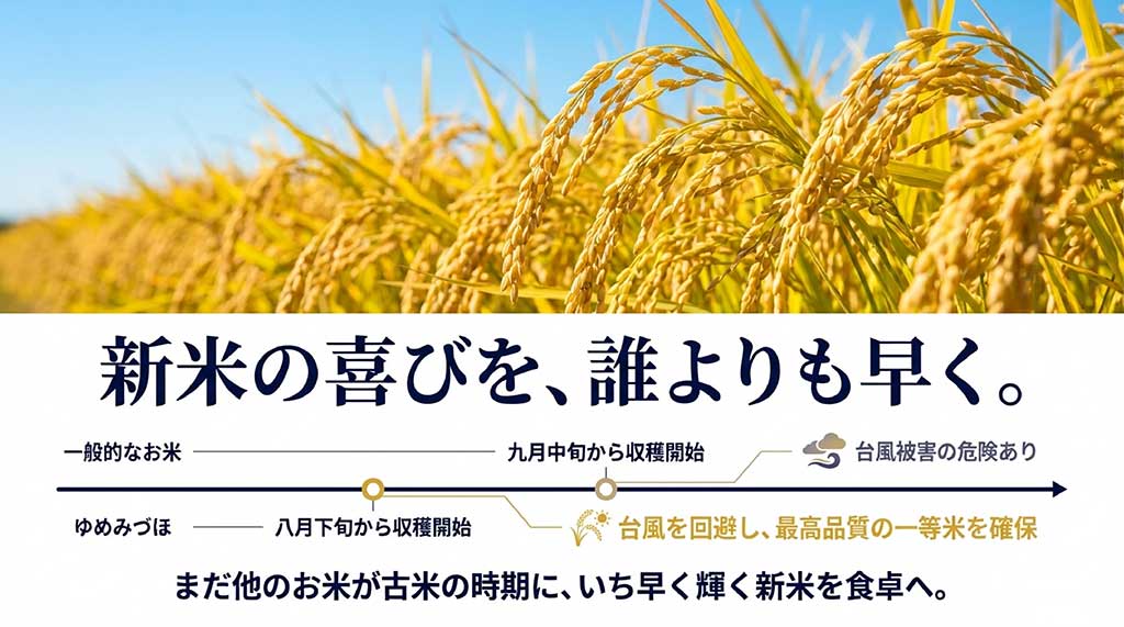 一般的なお米（9月中旬収穫）とゆめみづほ（8月下旬収穫）の比較図。台風を回避し、高品質な一等米を確保できるメリットを説明