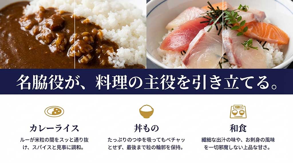 ゆめみづほに合う料理の紹介。カレーライス、丼もの、和食など、お米が料理を引き立てる相性の良さを解説