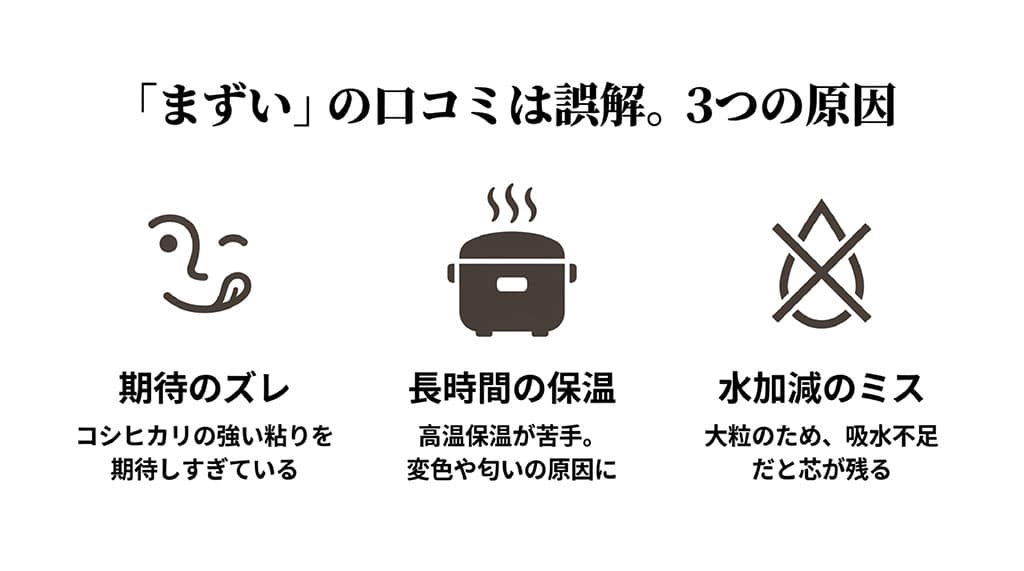 期待のズレ、長時間の保温、水加減のミスという、ゆめみづほの口コミで「まずい」と言われてしまう3つの原因のアイコン付き解説