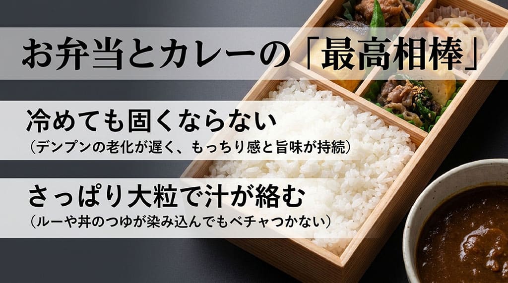 冷めても固くならないデンプンの特性や、さっぱり大粒で汁が絡みやすいという、お弁当とカレーに最高に相性が良い理由の解説
