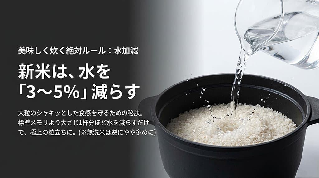 ゆめみづほの新米を炊く際、大粒のシャキッとした食感を守るために水を3〜5%(大さじ1杯分)減らす秘訣を解説するスライド