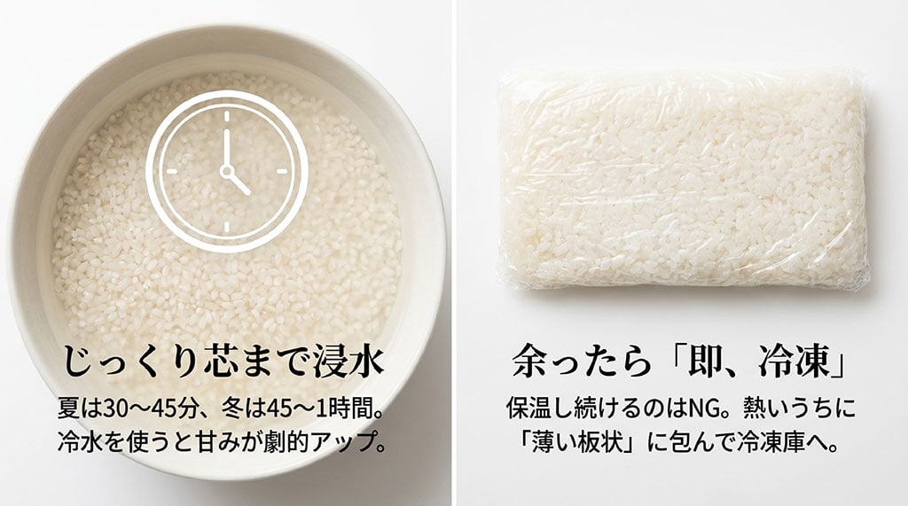 夏と冬のじっくり芯まで浸水させる目安時間と、余ったご飯を保温せずに「薄い板状」にして即冷凍するルールについての解説