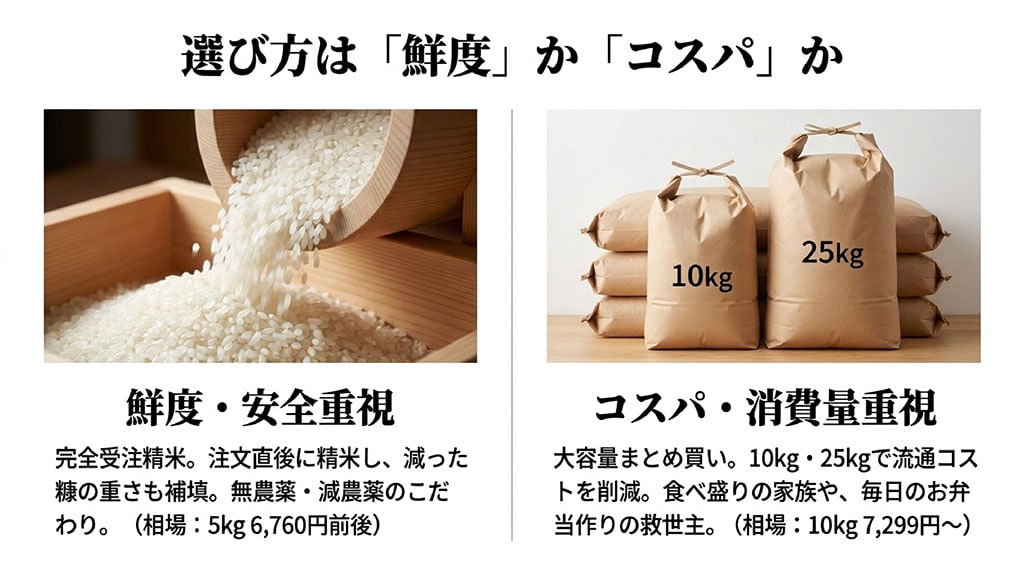 米俵とお米の画像を背景に、完全受注精米で鮮度・安全重視の「ほんだ農場」と、大容量まとめ買いでコスパ重視の「アグリほりかわ」の選び方を比較したスライド