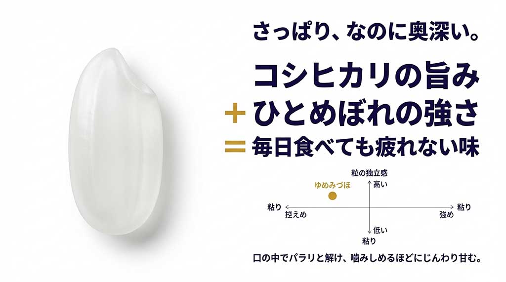 ゆめみづほの味の特徴（コシヒカリの旨み＋ひとめぼれの強さ）と、粘り控えめで粒の独立感が高いことを示すマトリックス図