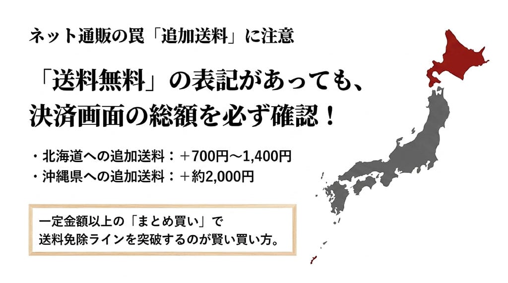 通販で「送料無料」とあっても決済画面を要確認、北海道でプラス700円から1,400円、沖縄でプラス約2,000円かかる追加送料への注意喚起
