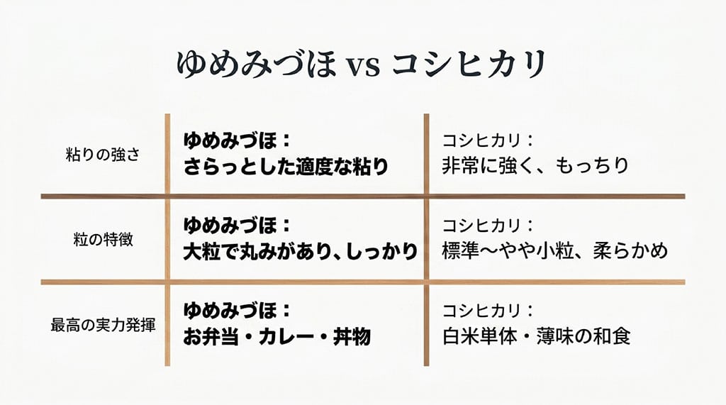 ゆめみづほとコシヒカリの粘りの強さ、粒の特徴、最高の実力を発揮する料理の違いを比較した図解