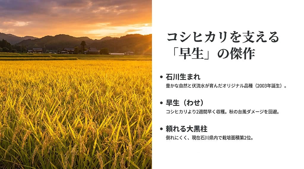 ゆめみづほが2003年に誕生した早生品種であり、台風を回避し、石川県内第2位の栽培面積を誇る大黒柱であることを説明するスライド