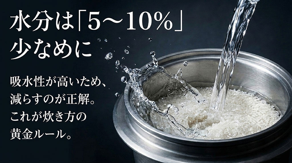 ゆめぴりかは吸水性が高いため、水分を5〜10%少なめにすることが炊き方の黄金ルールであることを示すスライド
