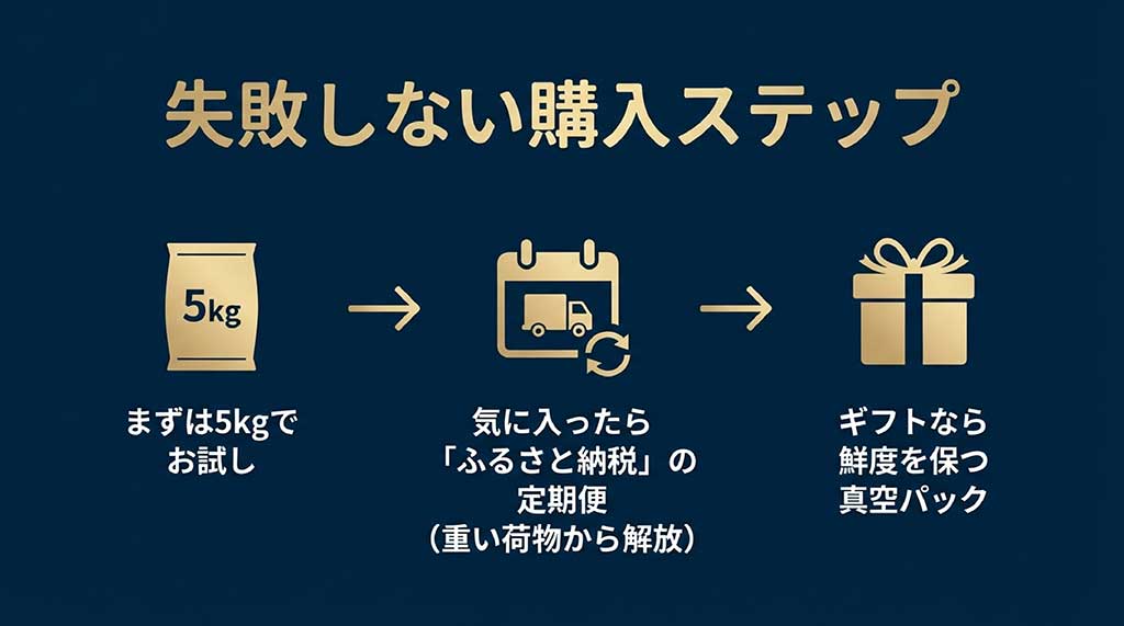 まずは5kgでお試しし、気に入ったらふるさと納税の定期便、ギフトには真空パックを推奨する購入手順