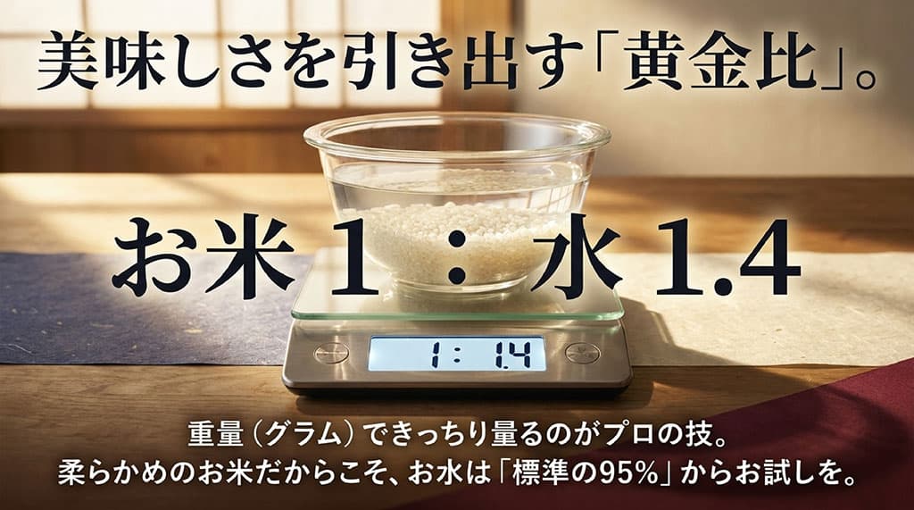 美味しさを引き出す水加減の黄金比。お米1に対して水1.4の割合で炊飯。