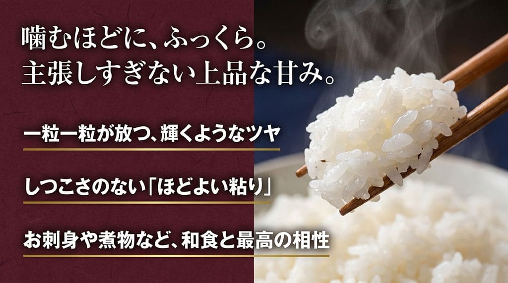 夢しずくの特徴。噛むほどにふっくら、上品な甘み、輝くツヤ、ほどよい粘りがあり和食と相性抜群。