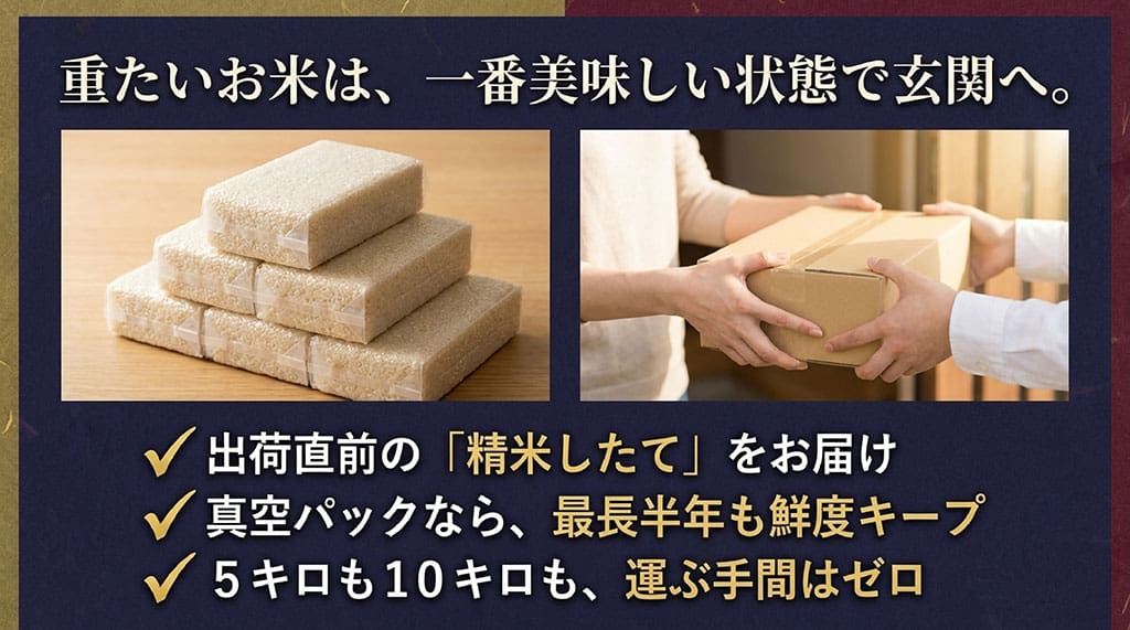重たいお米は一番美味しい状態で玄関へ。精米したてのお届けや真空パックで鮮度をキープ。