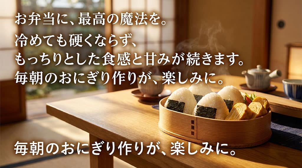 お弁当に最高の魔法を。冷めても硬くならず、もっちりとした食感と甘みが続く夢しずく。