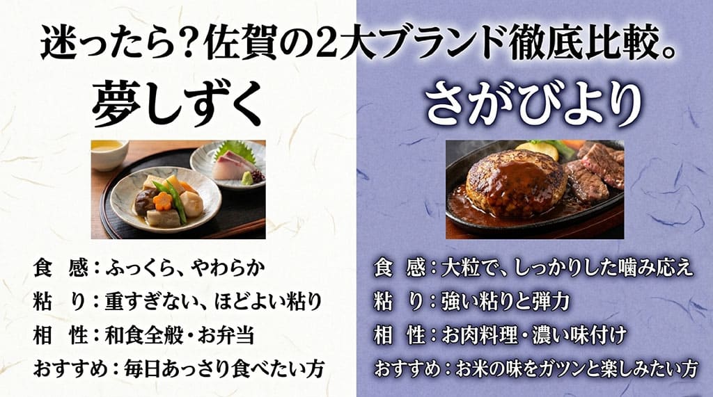 佐賀の2大ブランド徹底比較。ふっくらやわらかな夢しずくと、大粒でしっかりした噛み応えのさがびよりの違い。