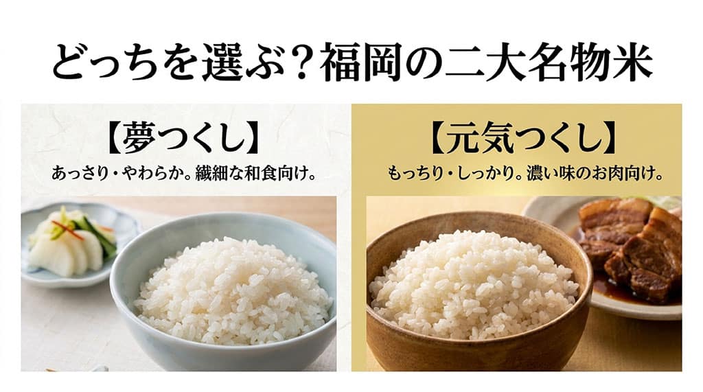 あっさり・やわらかな夢つくし(和食向け)と、もっちり・しっかりな元気つくし(お肉向け)の違いを解説するスライド