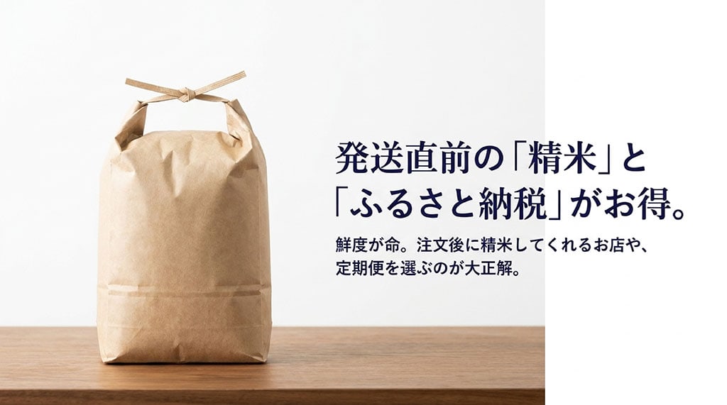 鮮度が命の夢つくしは、注文後に精米してくれる発送直前精米のショップやふるさと納税の定期便を使うのが正解と解説するスライド