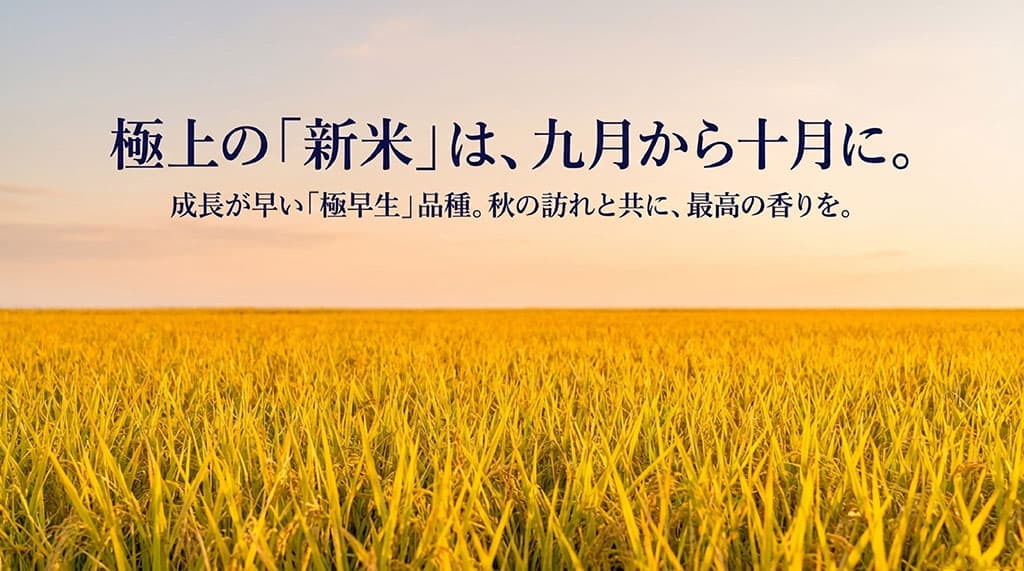 成長が早い極早生品種である夢つくしの新米は9月から10月に出回ることを解説する黄金色の田んぼのスライド
