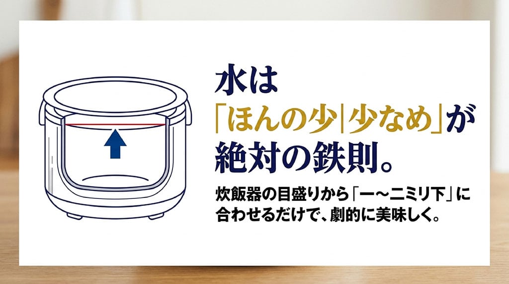 炊飯器の目盛りから1〜2ミリ下に合わせて水を少なめにすることが絶対の鉄則だと解説するイラストスライド